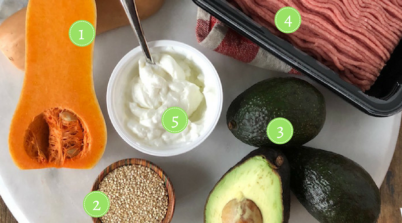 five healthy food swaps for the new year - butternut squash, avocado, greek yogurt, ground turkey and quinoa