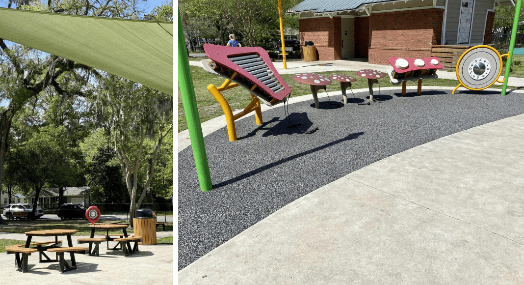accessible picnic tables and musical area at Saul Alexander Playground