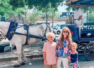 A perfect day in Charleston: a mother and two school-aged kids pose in front of a horse and carriage.